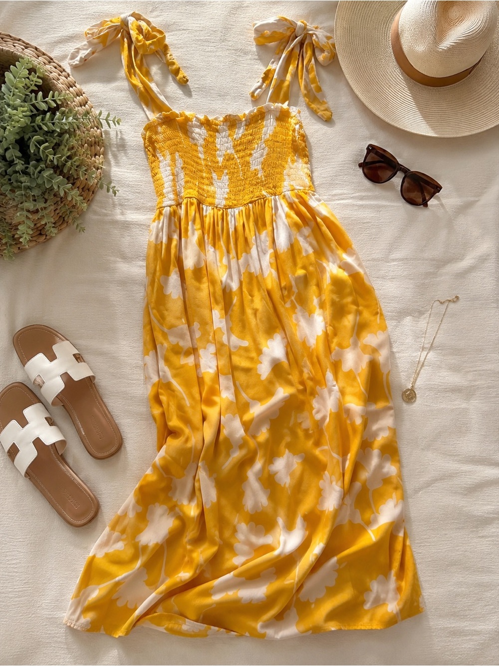 Diane von Furstenberg Yellow & White Floral Smocked Tie Strap Midi Dress